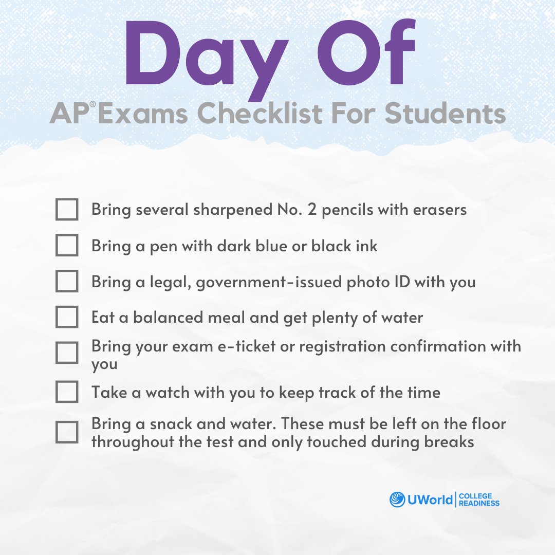 Day-before checklist ✅, now it's time for the day-of checklist! Let's gear up and get our students ready to rock these AP exams! 🌟 You've got this! 

#APExamReady  #APExams #APPrep #APTeachers