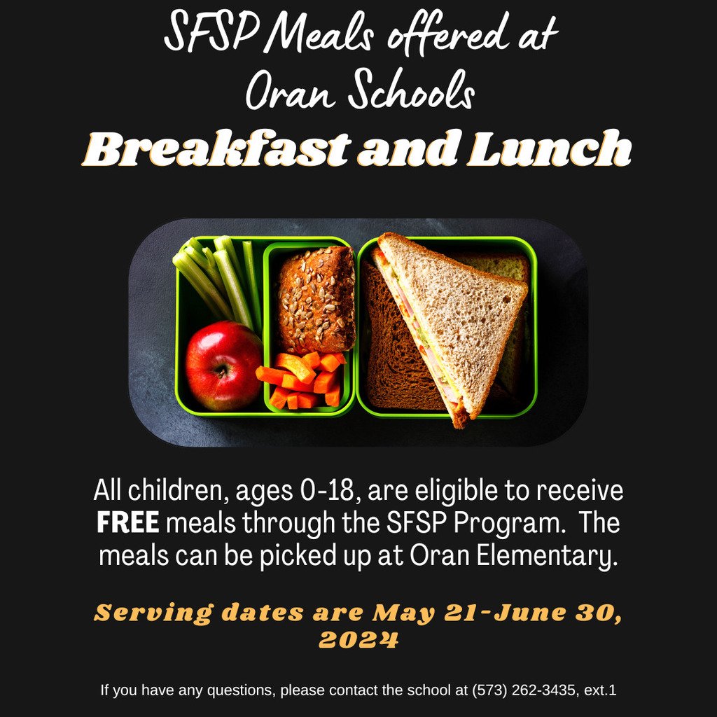 All children, ages 0-18, are eligible to receive free breakfast and lunch through the Summer Food Service Program.  Oran Schools will offer these meals from May 21-June 30, 2024.