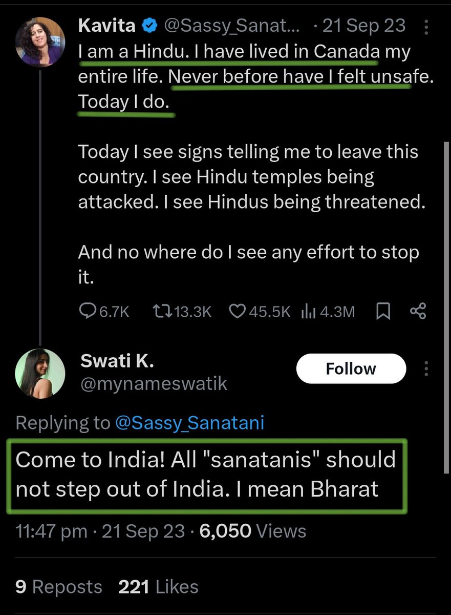 You can see in this post how much hatred is filled in her mind towards Indian 'Hindus'. When a woman living in Canada says that she isn't safe here... Her reply : 'All sanatanis shouldn't step out of Bharat'.