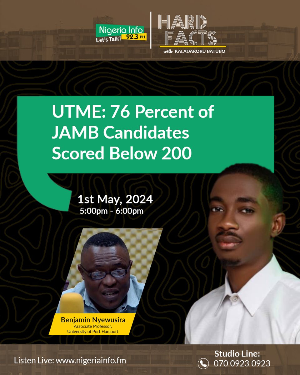 Coming up on #HardFacts with @TheKalada, 

UTME: 76 Percent of JAMB Candidates Scored Below 200

📌 What does this say of the quality of education in Nigeria?

Guest: Ben Nyewusira - Associate Professor, University of Port Harcourt  

#letstalk !
📻Listen: nigeriainfo.fm/port-harcourt/…