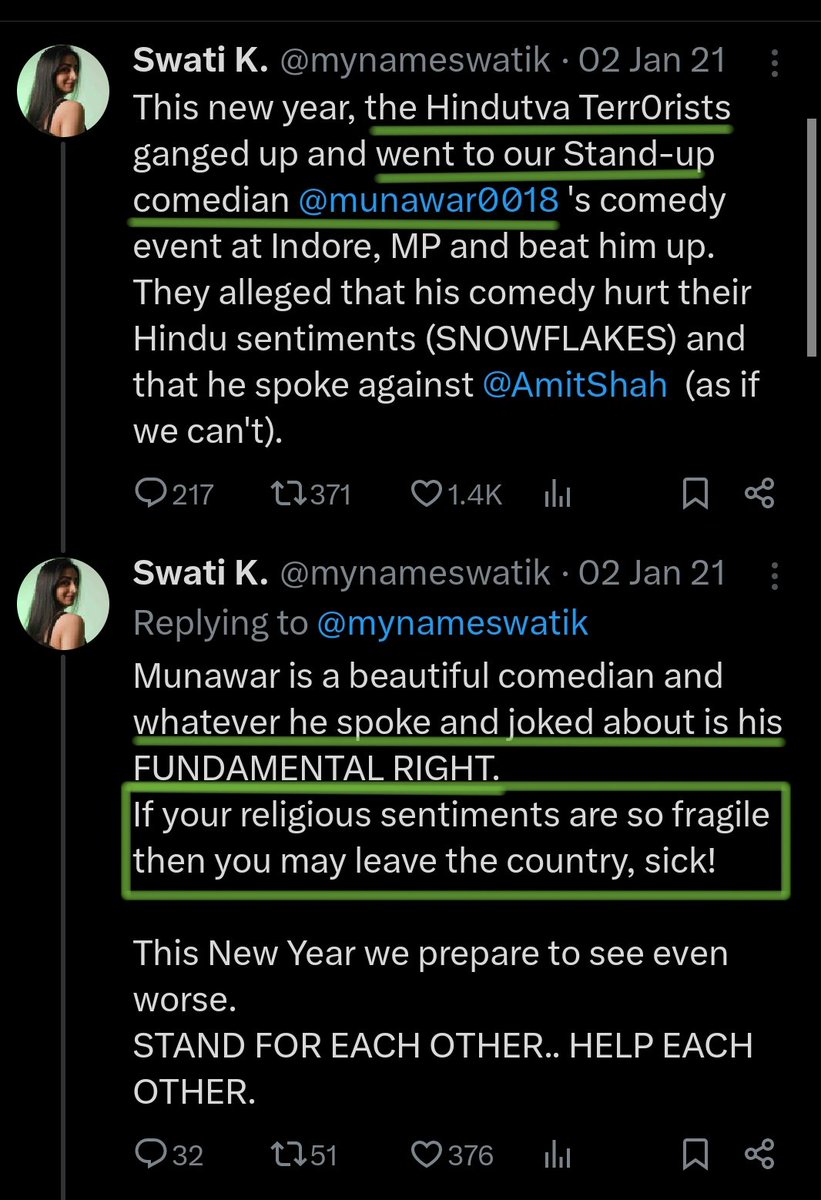 When @munawar0018 was arrested for joking on Hindu beliefs, she cried hard and called hindus terrorists and Munawwar 'OUR'. And further says if you get hurt then you can leave this country.