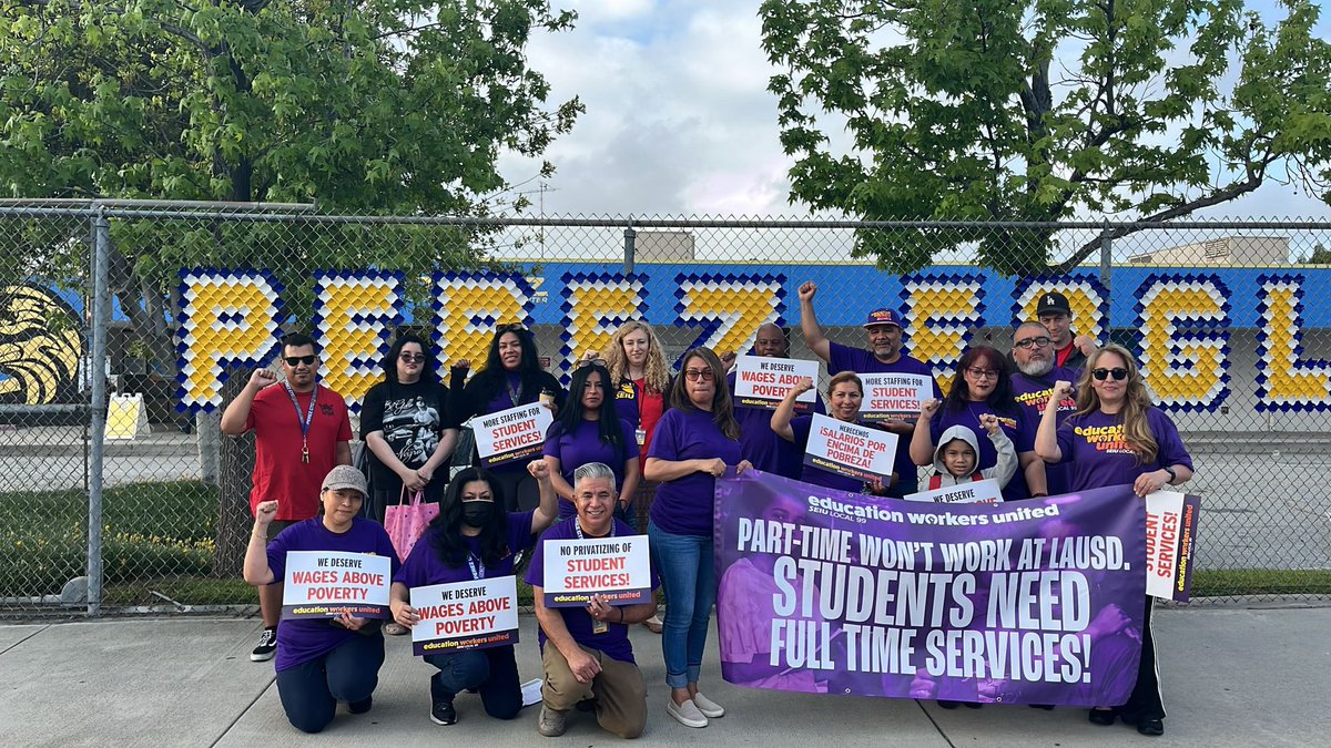 SEIULocal99's tweet photo. ‼️Let the May Day picketing begin! SEIU Local 99 members @LASchools are currently on the picket lines, demanding respect from the district, opposing hourly cuts, and improving wages/staffing levels!👏🏾 #99Strong #StoptheCuts #CarvalhoCuts https://t.co/IZaPFeE5P8