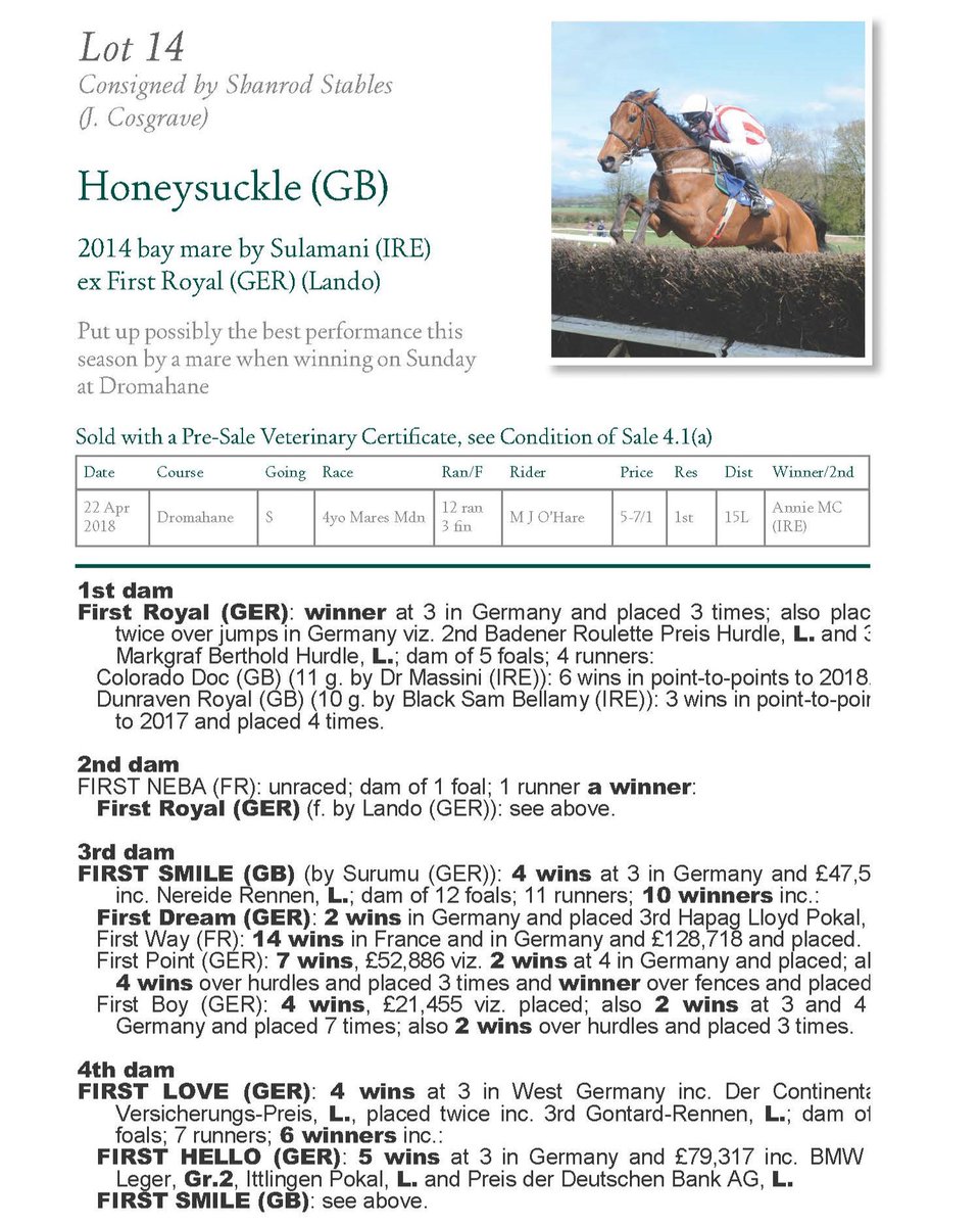 A pedigree page that is now in the history books. 📚 The great HONEYSUCKLE sold at @Goffs1866 Punchestown Sale from Shanrod Stables to @Pmolony1Peter. 🍯 Over 2⃣0⃣ classy Irish P2P grads on offer at tomorrow's edition of the sale. Followed by auction of HONEYSUCKLE'S famous…