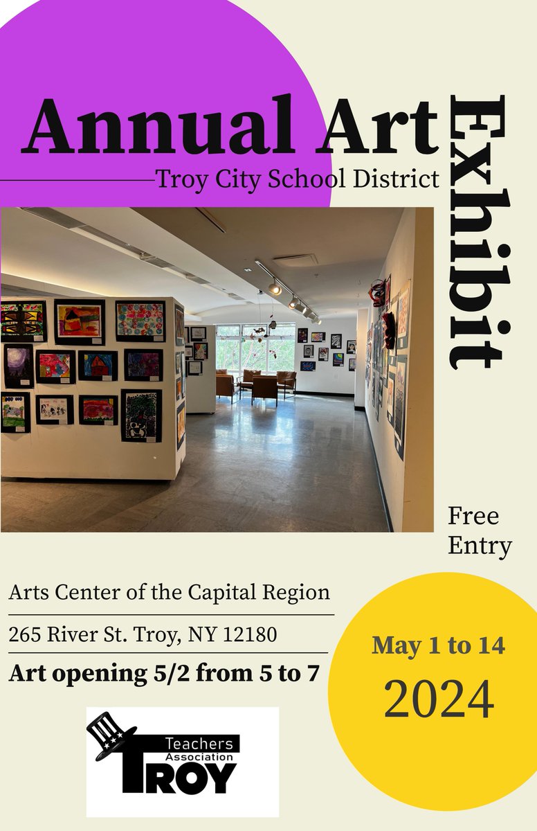 Troy City School District (@tcsd) on Twitter photo You are invited to join us for the annual Troy CSD Art Exhibit opening reception on May 2 from 5-7 pm at <a href="/TheArtsCenterNY/">The Arts Center</a>!
Admission is free, and refreshments will be available. The exhibit will be displayed through 5/14, so there's plenty of time to support our student artists! You are invited to join us for the annual Troy CSD Art Exhibit opening reception on May 2 from 5-7 pm at <a href="/TheArtsCenterNY/">The Arts Center</a>!
Admission is free, and refreshments will be available. The exhibit will be displayed through 5/14, so there's plenty of time to support our student artists!