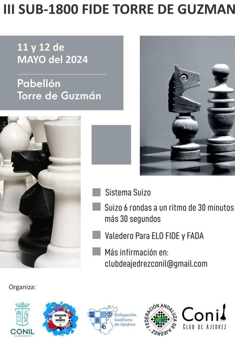 𝐈𝐈𝐈 𝐒𝐮𝐛-𝟏𝟖𝟎𝟎 𝐅𝐈𝐃𝐄 𝐓𝐨𝐫𝐫𝐞 𝐝𝐞 𝐆𝐮𝐳𝐦𝐚́𝐧 ♟♟♟
📅 𝗙𝗲𝗰𝗵𝗮 𝘆 𝗵𝗼𝗿𝗮: Del 11 al 12 de mayo
♟ 𝐉𝐮𝐠𝐚𝐝𝐨𝐫𝐞𝐬 𝐜𝐨𝐧 𝐦𝐞𝐧𝐨𝐬 𝐝𝐞 𝟏𝟖𝟎𝟎 𝐄𝐋𝐎 𝐅𝐈𝐃𝐄
𝐕𝐚𝐥𝐞𝐝𝐞𝐫𝐨 𝐩𝐚𝐫𝐚 𝐄𝐋𝐎 𝐅𝐈𝐃𝐄 𝐲 𝐅𝐀𝐃𝐀

Más info acortar.link/9pTJpF