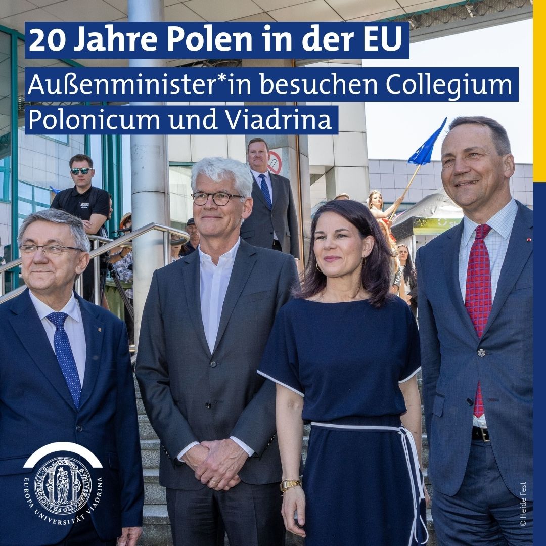 20 Jahre #EU-Osterweiterung: Nicht nur die Doppelstadt Frankfurt (Oder) Słubice hat den Beitritt Polens gefeiert. Auch die Außenminister*in Deutschlands und Polens, @ABaerbock und @sikorskiradek, nahmen dies zum Anlass für einen Besuch am Collegium Polonicum und an der #Viadrina.