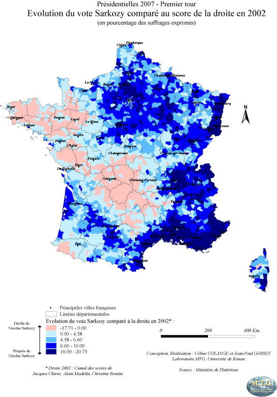 On constate un important réalignement de structure de l'électorat UMP entre 2002 et 2007, avec un déplacement de l'électorat de droite vers l'Est, et vers les zones de force du FN : Alsace, bassin méditerranéen, vallée de la Garonne, nord-est industriel, pourtour francilien.