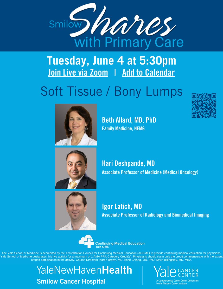 The next Smilow Shares with Primary Care for #PCPs is June 4 on #SoftTissue #BonyLumps. Join LIVE at 5:30pm! Presenters: Beth Allard, MD, PhD; Hari Deshpande, MD; and Igor Latich, MD ➡️bit.ly/3UIxqpR @SmilowCancer @YaleMed @YNHH @YaleRadiology