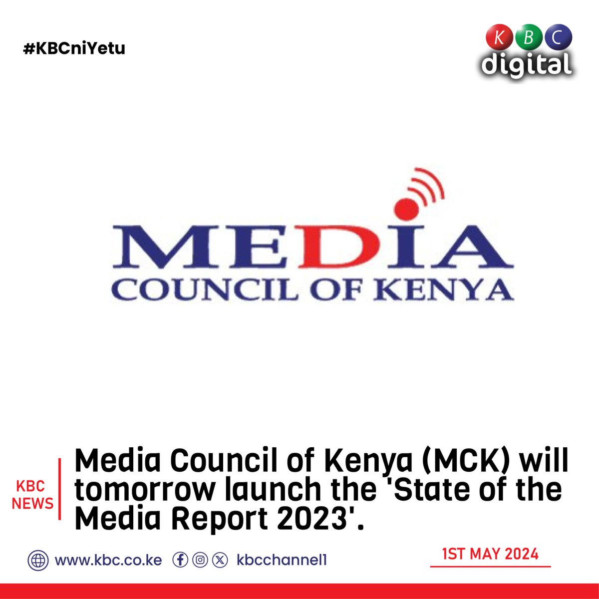 Media Council of Kenya (MCK) will tomorrow launch the 'State of the Media Report 2023'.
#KBCniYetu ^RO