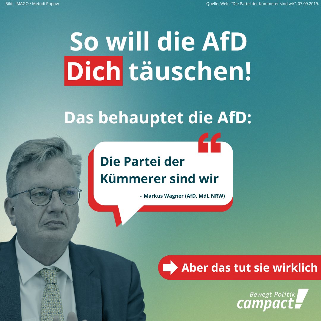 Mindestlohn erhöhen? AfD stimmt dagegen. 'Partei der kleinen Leute'? Nur wenn kleine Leute große Vermögen haben. Falls Dir die Partei mal wieder sagen will, dass sie für Dich da ist. Sie ist GEGEN Dich.