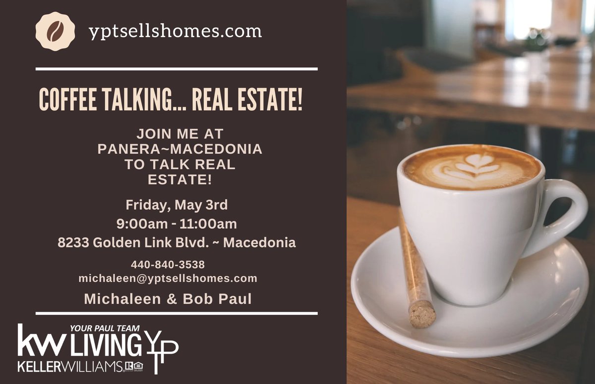 Coffee Talking...Real Estate! Join Michaleen at Panera~Macedonia to talk real estate on Friday, May 3rd!
#RealEstateExpert #PropertyValue#RealEstateGoals #solonrealtors #kw #zillow #trulia #realestate #weareallinthistogether #NortheastOhiorealstate #NEOHOMESFORSALE #THE216 #CLE…
