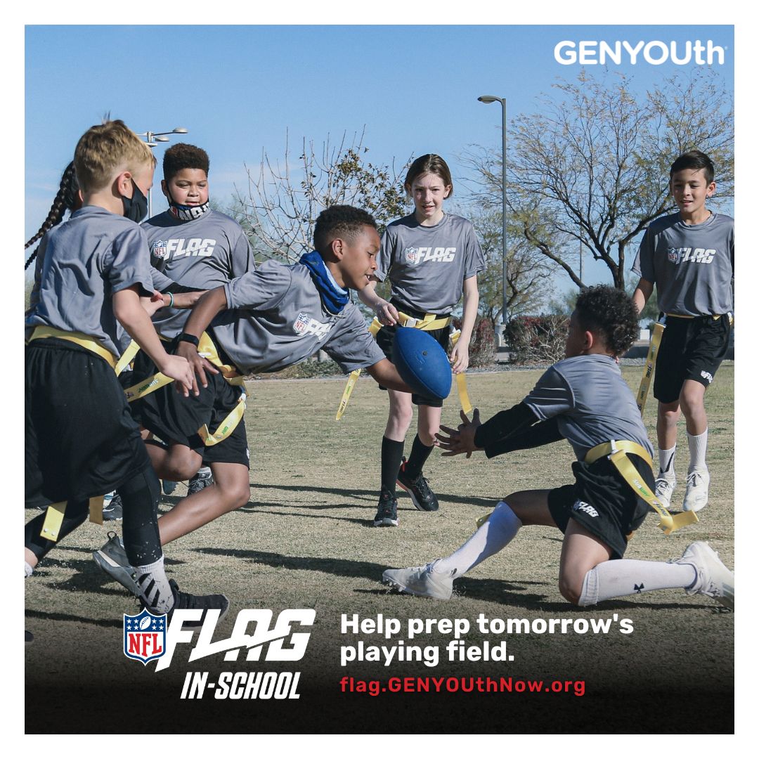 NFL FLAG-In-School is proven to increase girls’ participation in #PhysicalActivity and is fueling a movement toward girls’ flag football as a varsity sport. Help empower girls to get on the field – apply for a #NFLFLAGInSchool kit today! flag.genyouthnow.org