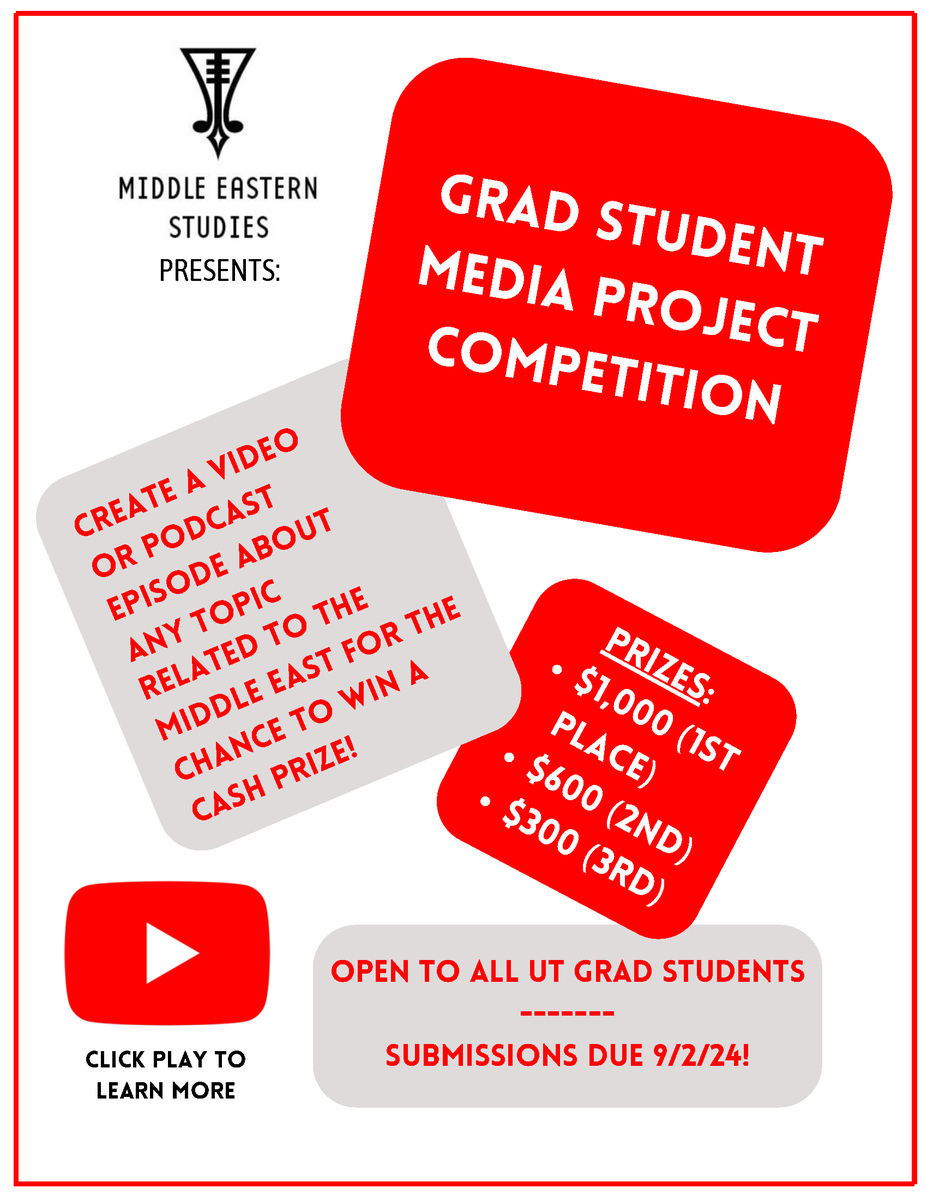 The Center for Middle Eastern Studies is holding a competition for all UT grad students. Create a video or podcast about any topic related to the Middle East for a chance to win. Deadline is 9/2/24. Read the full competition details: docs.google.com/document/d/1P4…