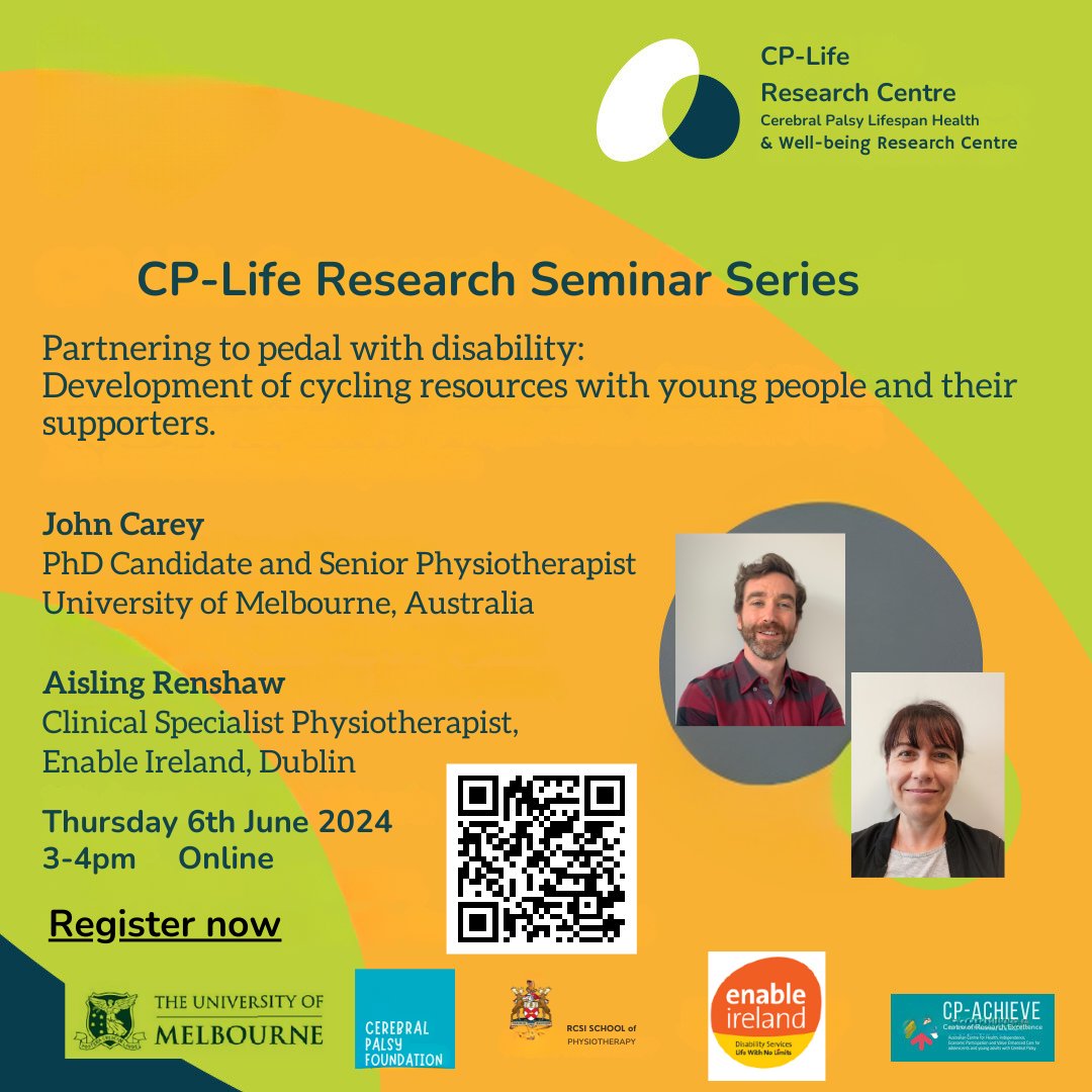 Our next CP-Life Research Seminar is on 6th June 3pm. John Carey from <a href="/UniMelb/">University of Melbourne</a> @cpachieve and Aisling Renshaw @Enableireland will be talking about “Partnering to pedal with disability: development of cycling resources with young people and their supporters”.