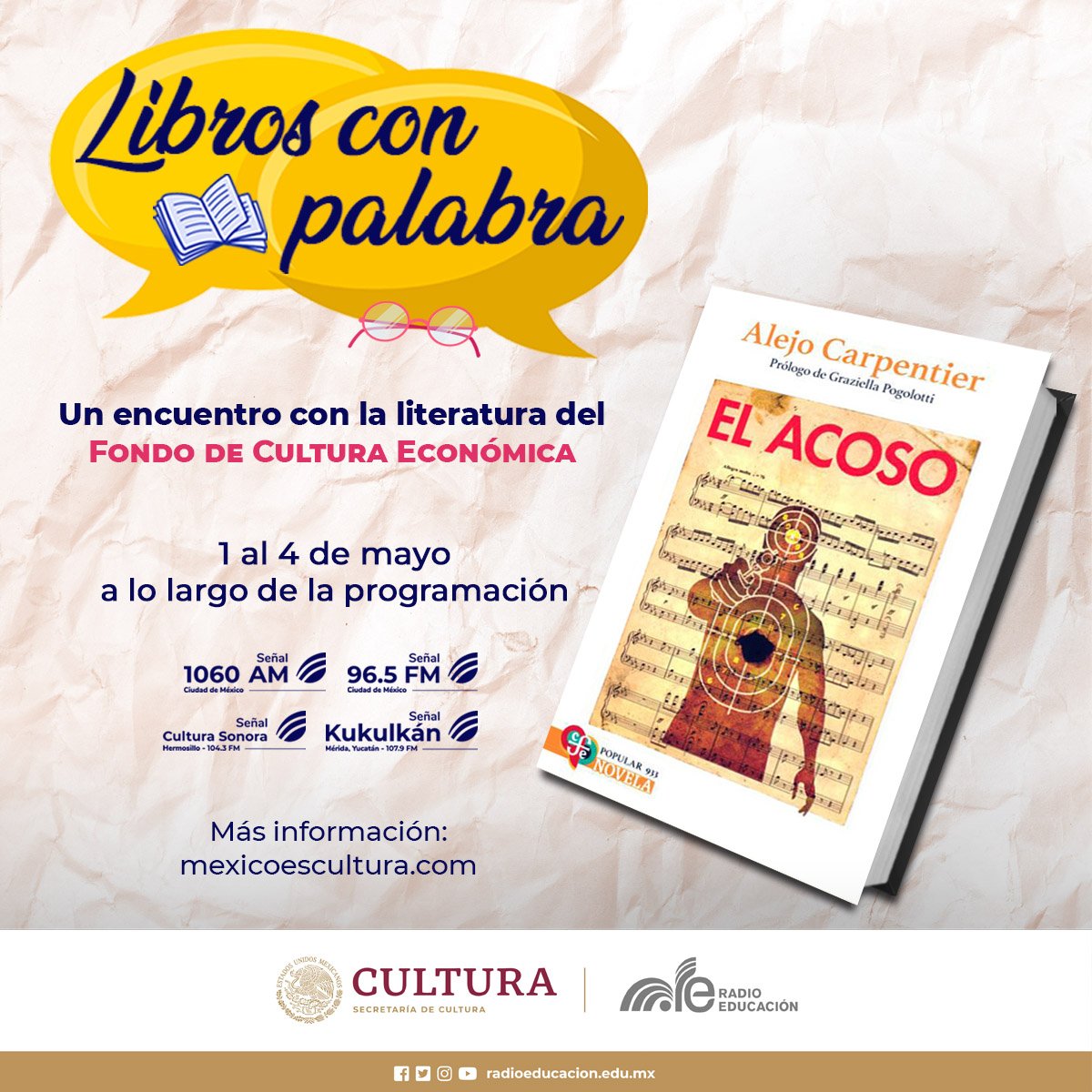 En #LibrosConPalabra 🗨📚 @VerOrtizTV nos hablará de 𝙀𝙡 𝙖𝙘𝙤𝙨𝙤 de Alejo Carpentier Un relato por los últimos pensamientos de un estudiante perseguido en la dictadura de Gerardo Machado, en la Habana de 1933 🏃🏽‍♂️‍➡️ ⏰️ Hoy, 10, 15 y 18:30 h 📻 @1060amRE y 96.5 FM #CDMX