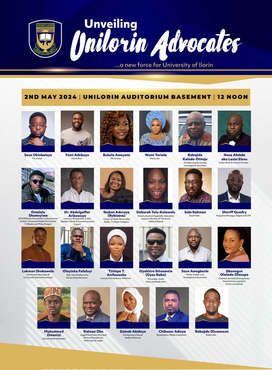 The big reveal is coming! Our Vice Chancellor, Professor Wahab Egbewole, SAN, unveils the UNILORIN Advocates this Thursday, May 2, 2024. But who are these advocates? They all have something in common, can you guess? #BetterByFar🎓 @UnilorinDO @seunokin @realfemiadebayo