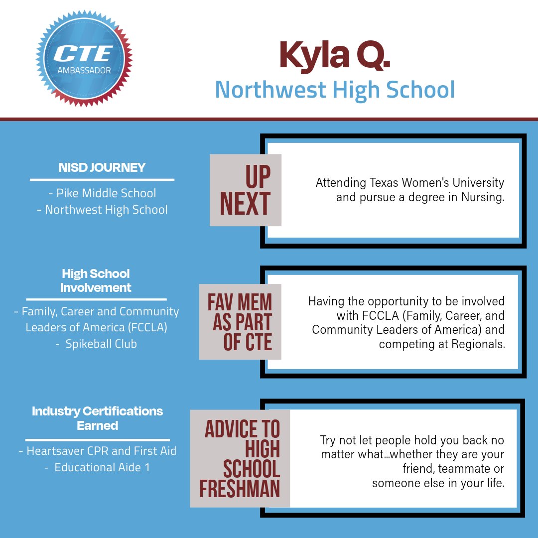 🎓Congrats to Class of '24 NISD CTE Ambassador KYLA Q. | Early Learning @NHSTexans🌟Kyla would like to recognize CTE teacher Mrs. Jill Jeppesen for being an amazing support system for her + the impact she has on all of the students in her classes. Read about Kyla⬇️ #IAmNISDCTE