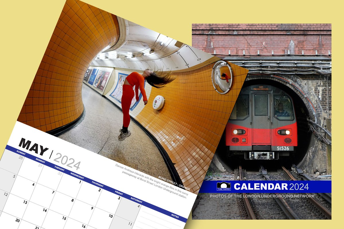 1st MAY 2024 May's calendar image is taken at Bond Street London Underground station. I absolutely love the bright orange tiles in this curvy passageway. Here's Dancer Andreya visually interacting with the shapes & architectural lines.