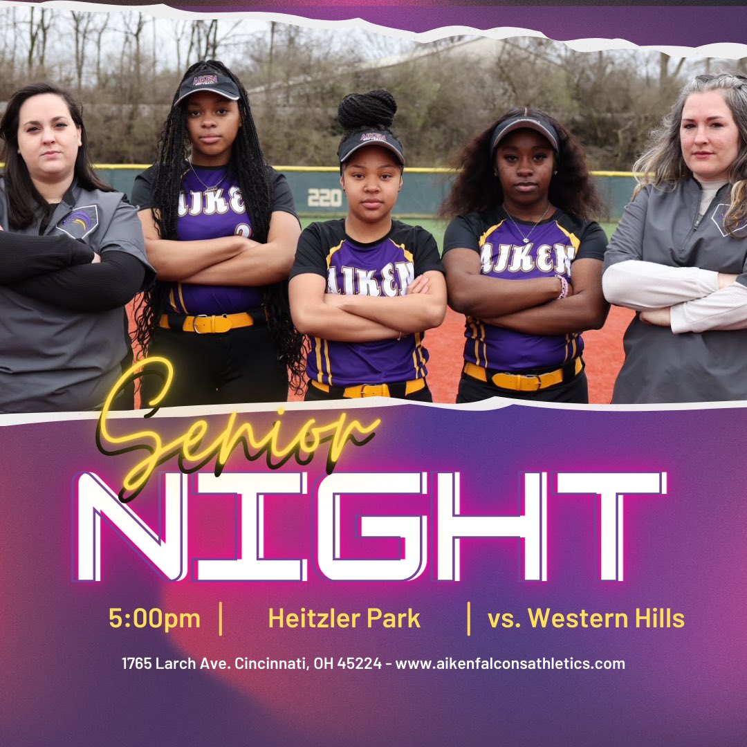 Senior night. 😈🥎 Your Lady Falcons are taking on @WestHiMustangs today at 5pm. The game will be played on HEITZLER FIELD off Larch. Come out to support your Lady Falcons! #AikenSB #SWOOP