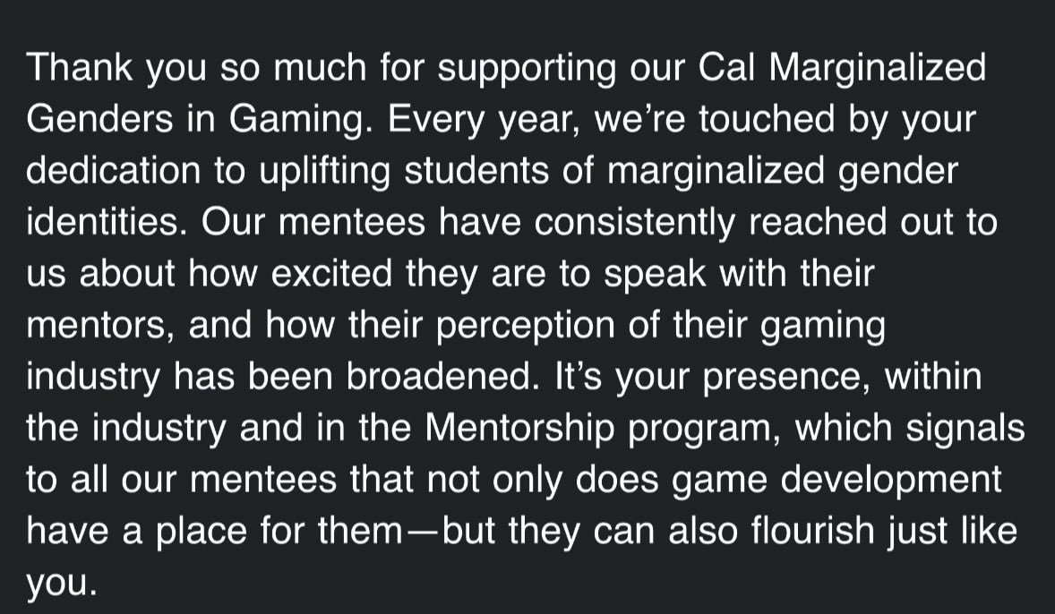 for anyone who wants to get started mentoring!! please follow @CalMarGenGaming and join their program when they do it next year! ive had such a blast with my mentee and their standards for programming are fabulous also im a lady from the south + im a sucker for a thank you note