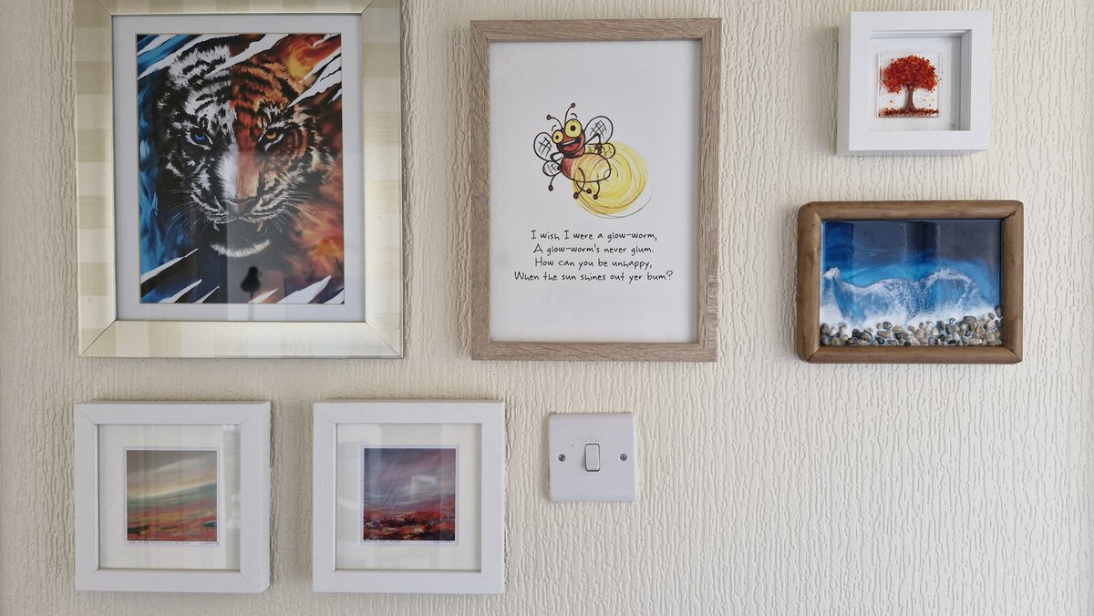 Today I have added to my art wall. From top left to bottom right... Tiger @artbythree Glow-Worm @dippyfishcards Red Tree @GlassCrafty Sea Shore @RisenDesign1 2 x landscape @lajannetta All lovely artists and well worth visiting their Twitter (X) and websites. #MHHSBD