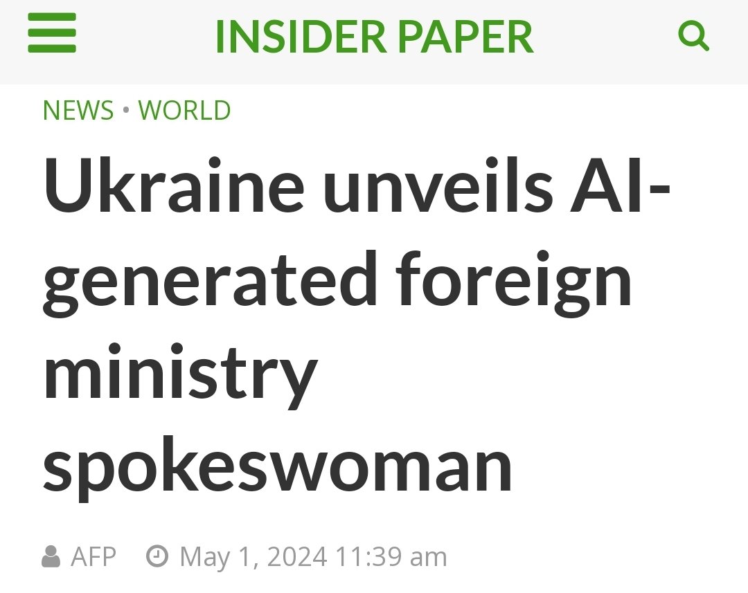Ukraine on Weds presented an AI-generated spokeswoman called Victoria, who will make official statements on behalf of its foreign ministry.
Dressed in a dark suit, the spokeswoman introduced herself as Victoria Shi.
insiderpaper.com/ukraine-unveil…