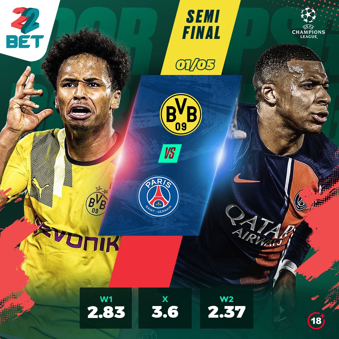 #Dortmund and #PSG will meet for the 3rd time for this season’s #UEFA #ChampionsLeague as they battle for a place in the finals Cheza hapa 👉🏾 bit.ly/3WsmBJg #22Bet #Bestodds #switchto22bet #dundana22bet