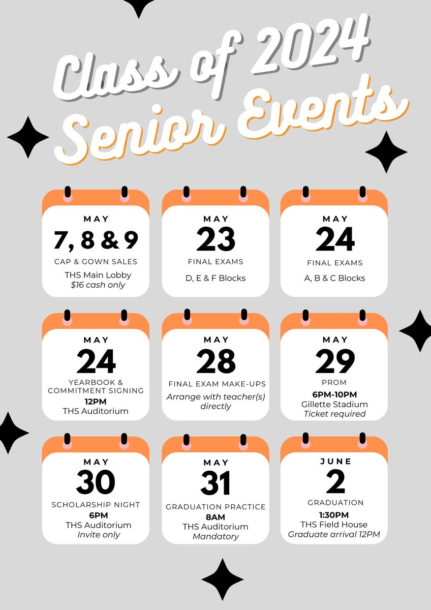 Get excited, THS Seniors and families! There are many important dates to save for the month ahead. Let's go Class of 2024! 🎓🎉