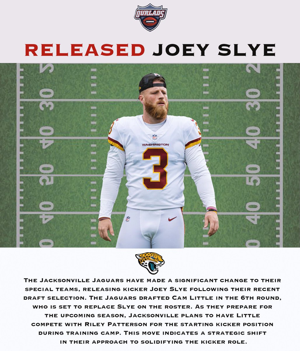 🚨 Kicking Change in Jacksonville! 🏈 The #Jaguars have released Joey Slye, making way for draft pick Cam Little. Little will compete with Riley Patterson for the starting kicker spot during training camp. Who will claim the tee? 🎯 #NFL #JacksonvilleJaguars