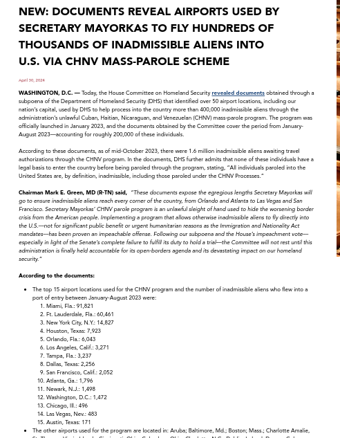 U.S. House Committee on Homeland Security in a press release yesterday says 'more than 400,000 inadmissible aliens' have been processed at 'over 50 airport locations' through @DHSgov CHNV 'mass-parole program.' 'According to these documents, as of mid-October 2023, there were