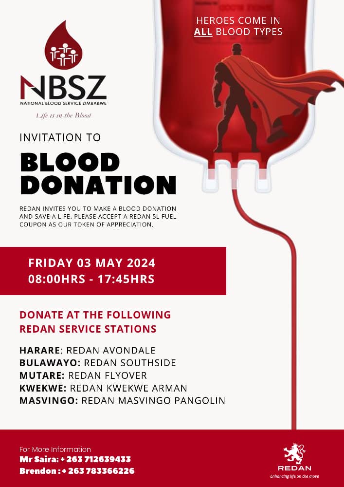 🩸To make sure our blood bank doesn't run dry, fuel company, Redan has partnered with @NBSZbloodbank to encourage donations. On Friday 3 May, donors will get 5 litres of fuel as a token when they donate at service stations listed on poster 👇🏾 All types matter 🆎️ 🅰️ 🅾️ 🅱️