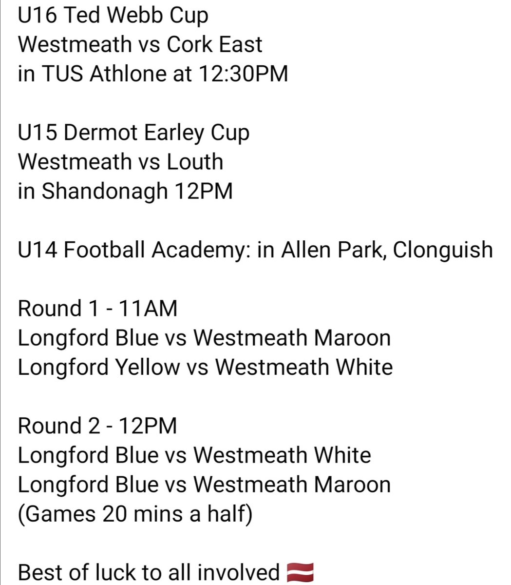 Football Development Squad Fixtures for Saturday 4th May

Best of luck to all involved 🇱🇻
#iarmhiabu
#westmeathgaa
#maroonandwhitearmy