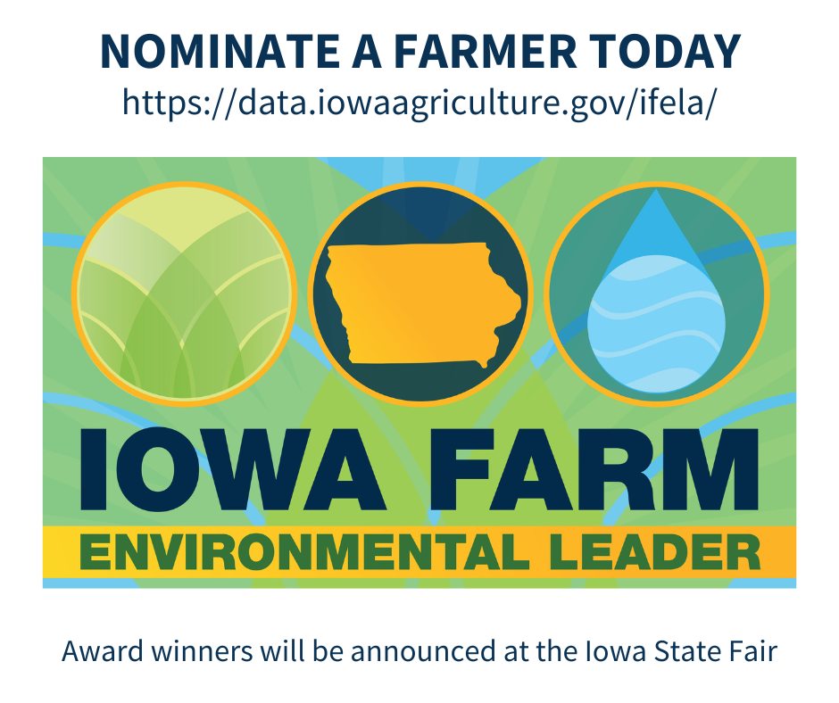 The deadline has been extended to May 20. Nominate deserving farmers in your community TODAY. They'll be honored at the @IowaStateFair in August by @MikeNaigIA @IAGovernor @IALtGov and @iowadnr Director Lyon. #IowaAg #CleanWaterIowa 
iowaagriculture.gov/news/ifela-nom…