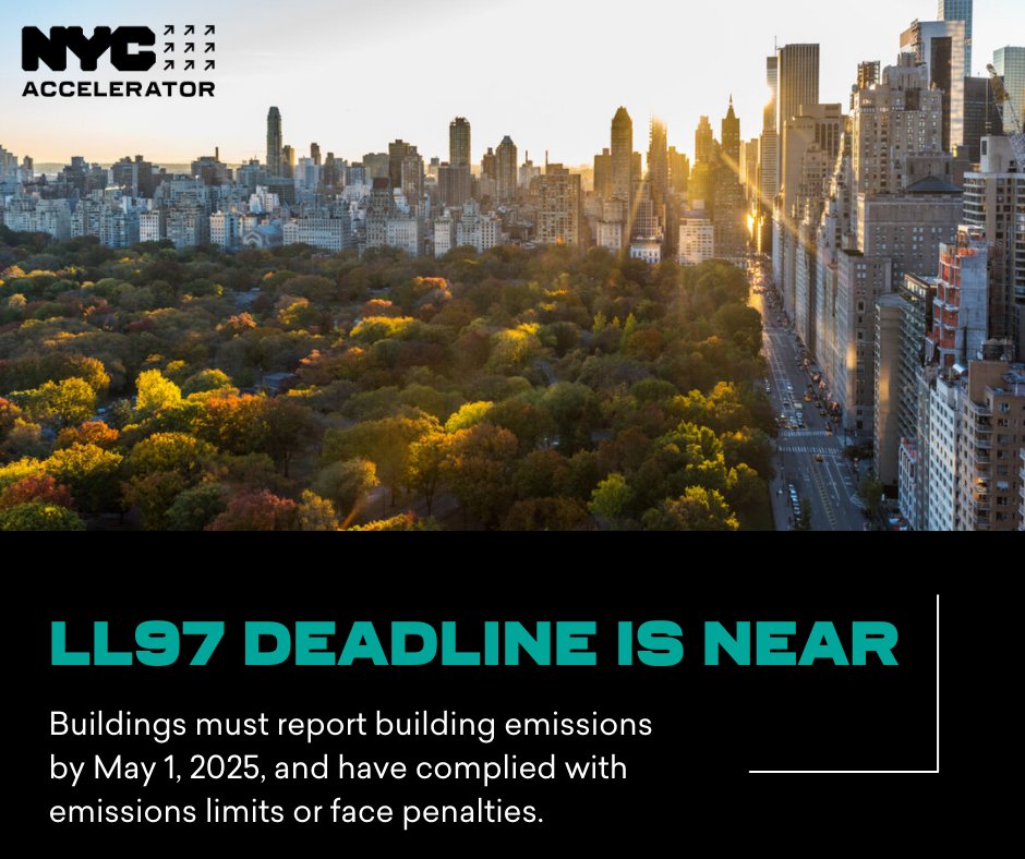 Is your building LL97 compliant? NYC targets building emissions to cut greenhouse gases. Stricter limits have already begun; report emissions by May 1, 2025, or face penalties. #NYCAccelerator assists with compliance, finding providers, and financing: on.nyc.gov/3AMf6Au