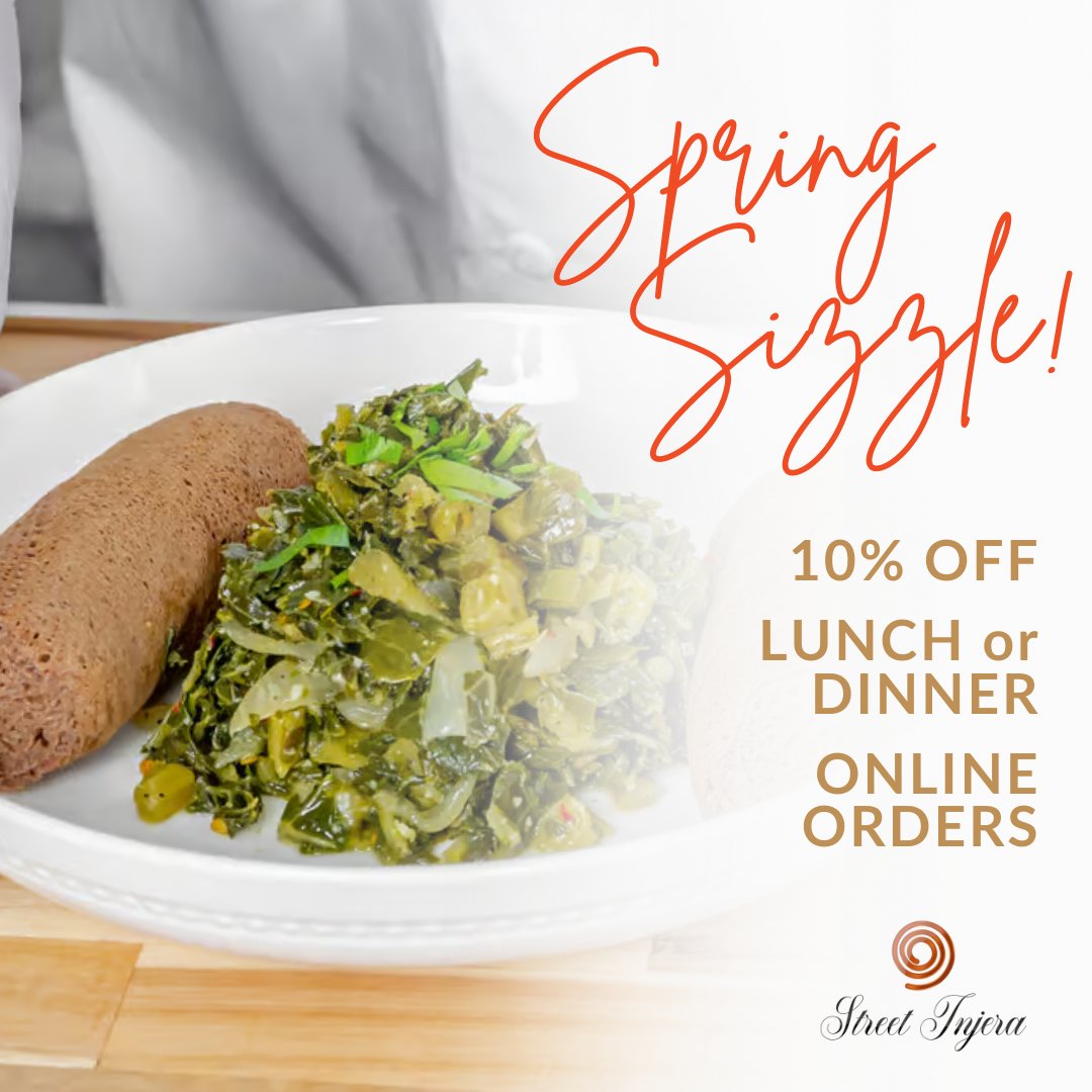 Ready for the Spring Sizzle? 💐✨ Get 10% off your next online order of $10+ with code GET10! Go for an East African lunch or dinner today!

#StreetInjera #NashvilleTN #AfricanCuisine #AfricanFood #FlavorsOfAfrica #AfricanCuisine #NashvilleFoodies #NashvilleEats