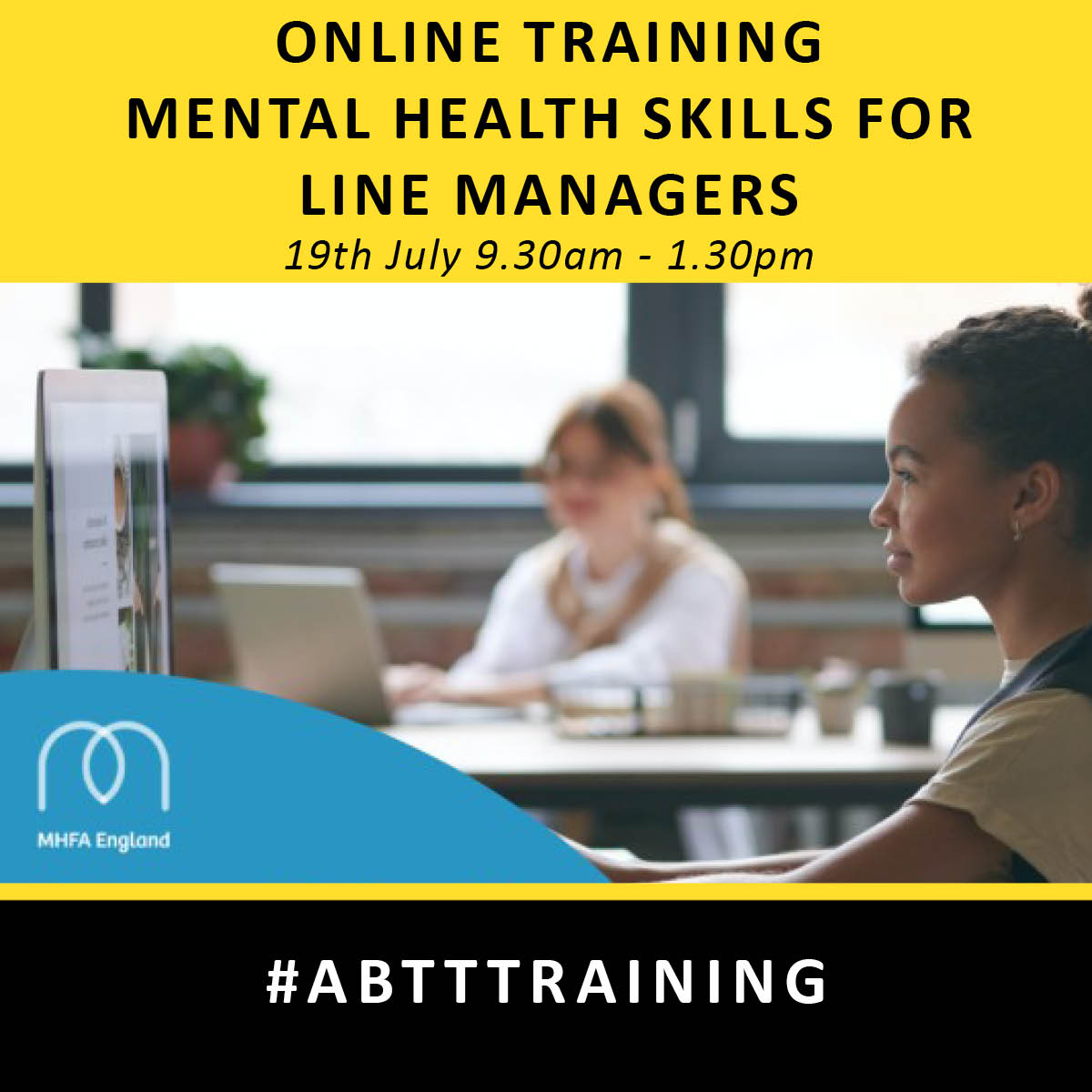 Help those around you this #MentalHealthAwarenessMonth. Our new 'Mental Health Skills for Line Managers' online course in now booking.

This is an online training course 19th July 19:30am – 1:30pm.

Find out more here: abtt.org.uk/events/abtt-on…

#ABTTtraining #MentalHealth #MHFA