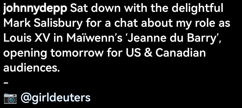 JD in Instagram

I'm following USA, Canada Go Tomorrow Weight in the Cinema for 'Jeanne Du Barry'

I'm watching you 😭🤣💔💔

#JohnnyDepp #ДжонниДепп #depphead #JohnnyDeppIsABeautifulSoul #justiceforjohnnydepp