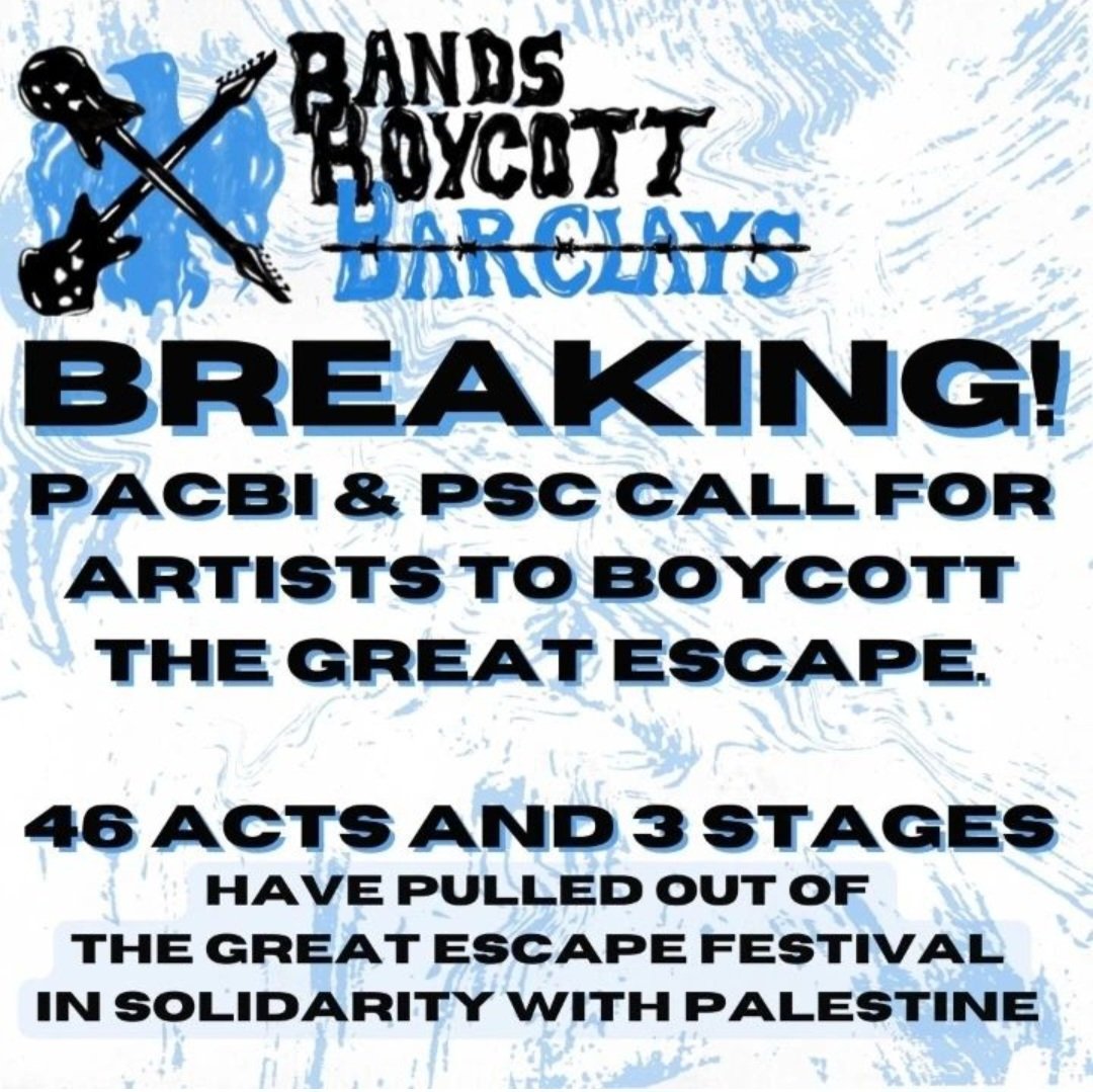 Palestinians salute the dozens of principled artists, record labels and others who have boycotted @thegreatescape festival in Brighton, UK over its partnership with Barclays, which has over £1 billion invested in weapons manufacturers that are arming Israel’s #GazaGenocide.