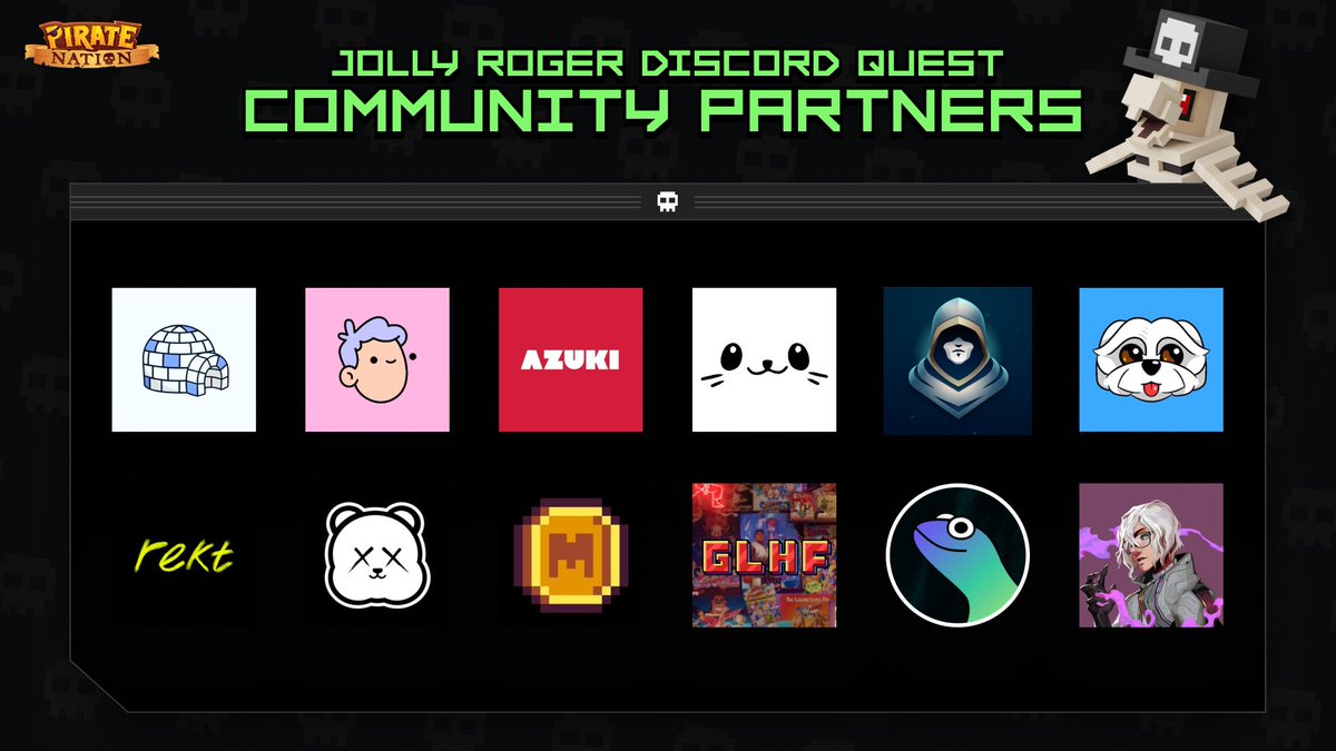 Announcing our first set of community partners @pudgypenguins @doodles @azuki @sappysealsNFT @underground @bodoggosNFT @rektguyNFT @kanpaipandas @memeland @glhfers @ethlizards In 1 hour, you'll be able to mint a free Pirate & start collecting BOOTY in your Discord servers 🏴‍☠️
