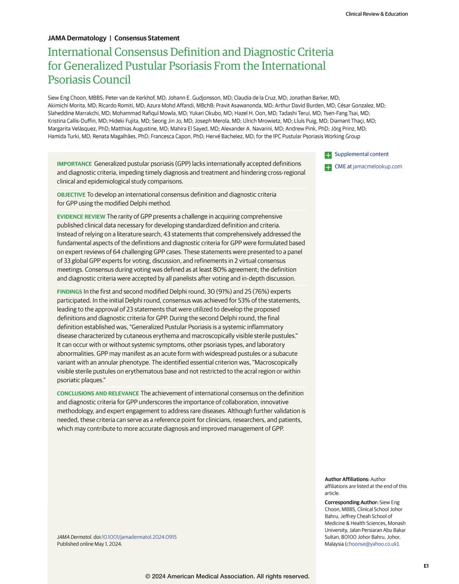 This consensus statement from The International Psoriasis Council develops an international definition and diagnostic criteria for generalized pustular psoriasis using the modified Delphi model. ja.ma/44lUflU