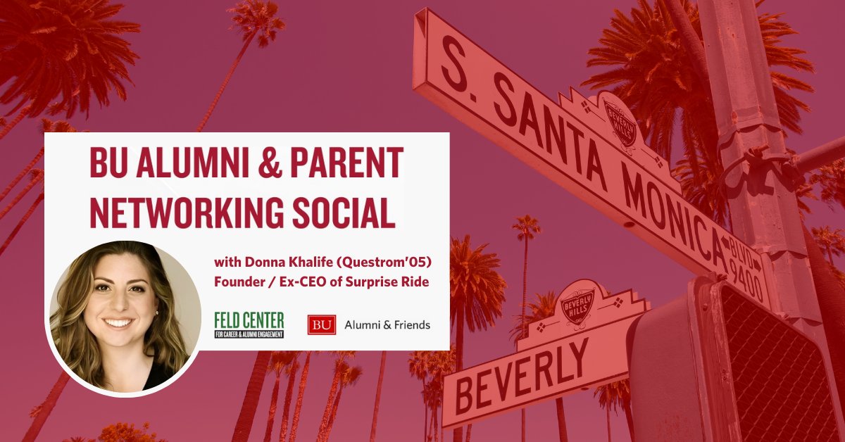 Join us tomorrow, May 2, for an evening hosted by the @BUQuestrom Feld Center in LA! Meet fellow Questrom alums and parents for a night of food and drinks, and a conversation with Donna Khalife (Questrom'05), founder of @SurpriseRide. Register here ➡️ spr.ly/6018jyYfy