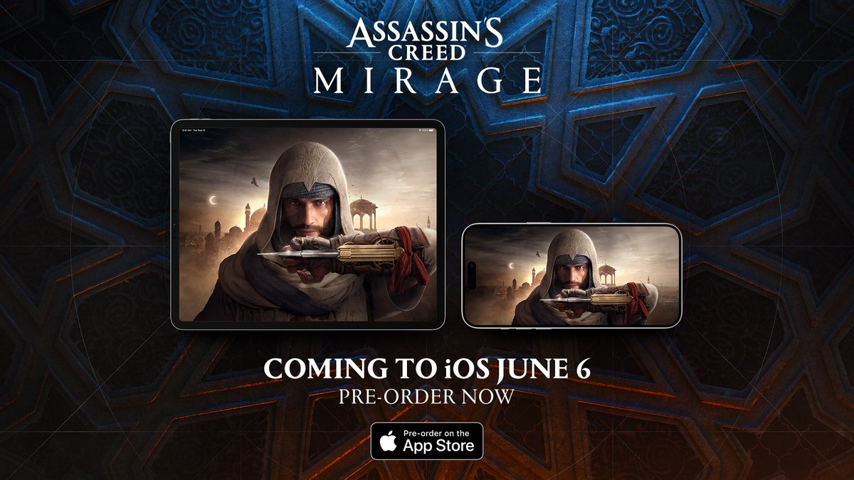Assassin's Creed Mirage is coming to iOS! Pre-order now and experience the complete journey of Basim on the go 📱

Out on June 6 for iPhone 15 Pro, iPhone 15 Pro Max, and iPad Air and iPad Pro with M1 chip or later.

More information here: assassinscreed.com/mirage/coming_…