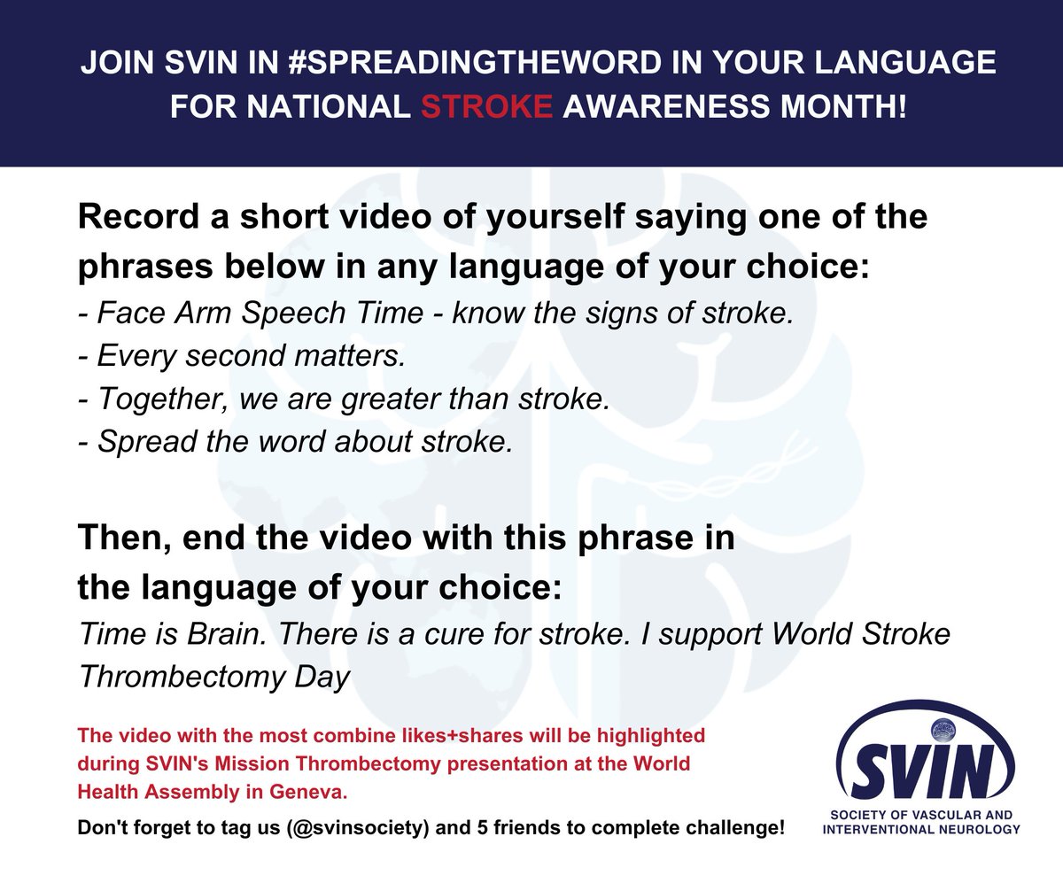 Join SVIN's Annual Stroke Awareness Campaign by #SpreadingTheWord with a short video in your language encouraging others to #BeFAST — because every second matters! Donate here: zurl.co/TTxA #StrokeAwarenessMonth #strokemonth