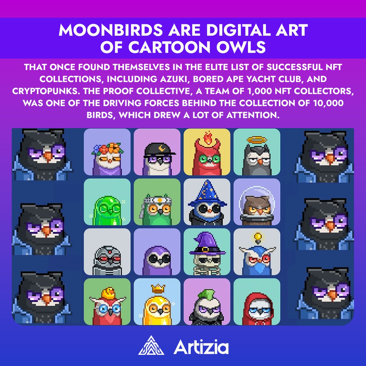 🦉✨ Hoot hoot! Moonbirds join the ranks of the NFT elite with Azuki & BAYC, thanks to the mighty ProofCollective. A digital art sensation of 10K owls, they're a hoot in the NFT World! 🌌🎨 
.
.
.
#NFTCommunity #DigitalArt #NFTCollectors #VirtualArt #TechArt #NFTWorld