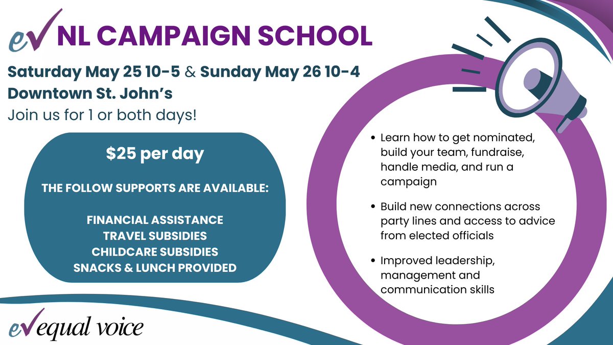 Join us in St. John's on Saturday May 25 and Sunday May 26 for an in-person Campaign School and Mock Campaign Simulation! Learn more and register at EqualVoice.ca/NLCS Financial assistance, travel subsidies and childcare subsidies are available. #NLPoli