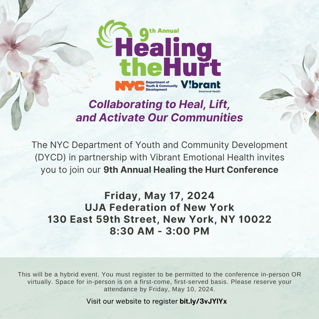 📢 Mark your calendars for May 17, 2024, as DYCD and Vibrant Emotional Health bring you the 9th Annual Healing the Hurt Conference. 📅

The theme is 'Collaborating to Heal, Lift, and Activate Our Communities.'

Register now!: bit.ly/3vJYlYx

#TogetherWeCan