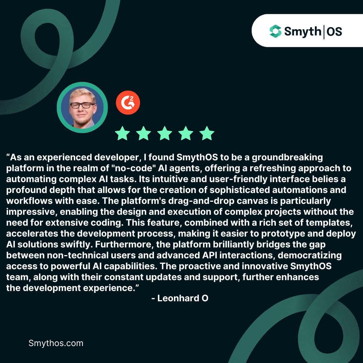 Today's Featured SmythOS Review!

Special thanks to Leonhard O. for sharing your thoughts.

Source: @G2dotcom

#Review #AIAutomation #SmythOS #APIs #EmergingTechnology #Nocode #AI #Developers
