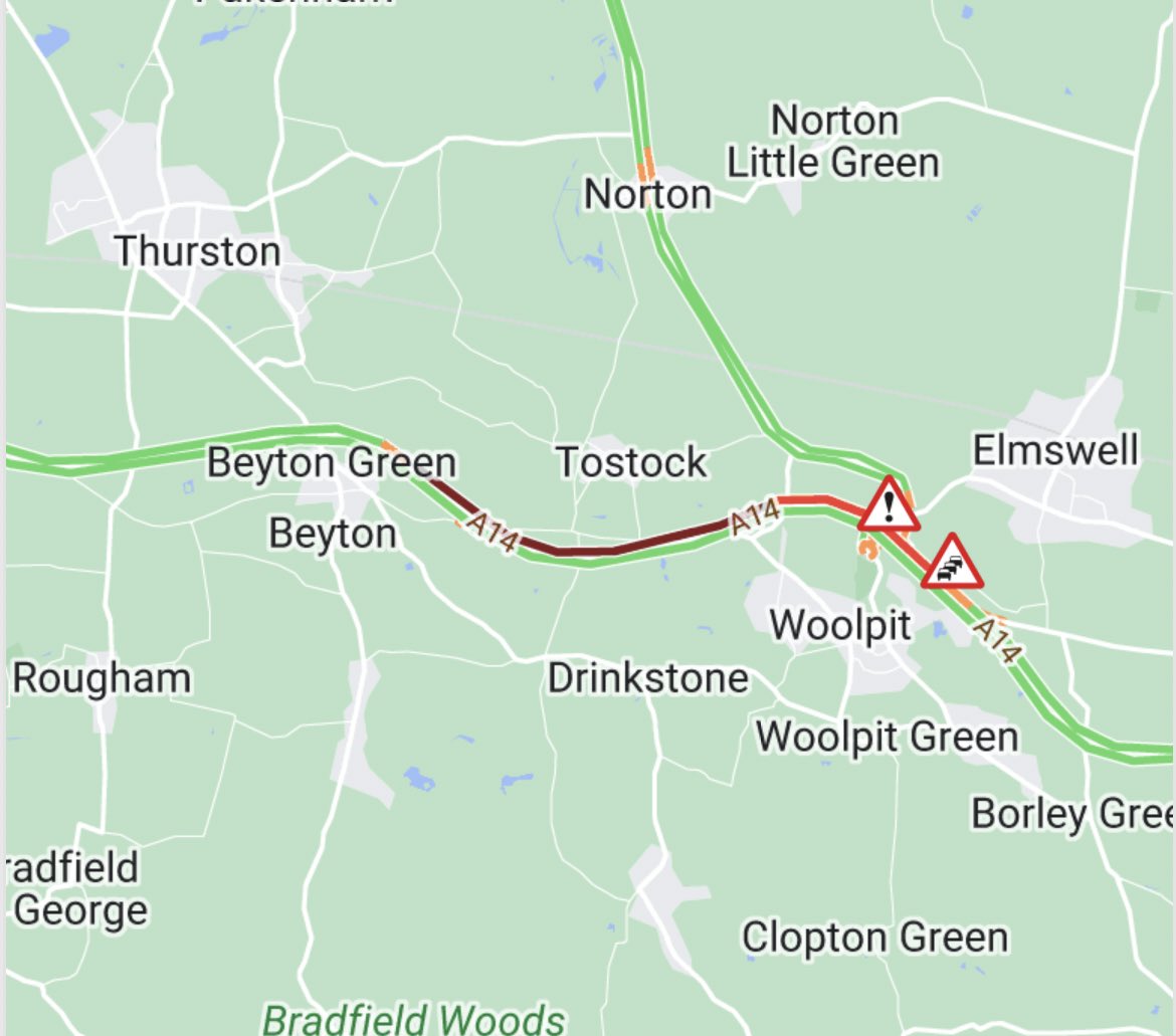 #A14 eastbound - queueing traffic between J46 (Thurston) and J47 (Woolpit) - approaching the ROADWORKS contraflow - heading towards Stowmarket