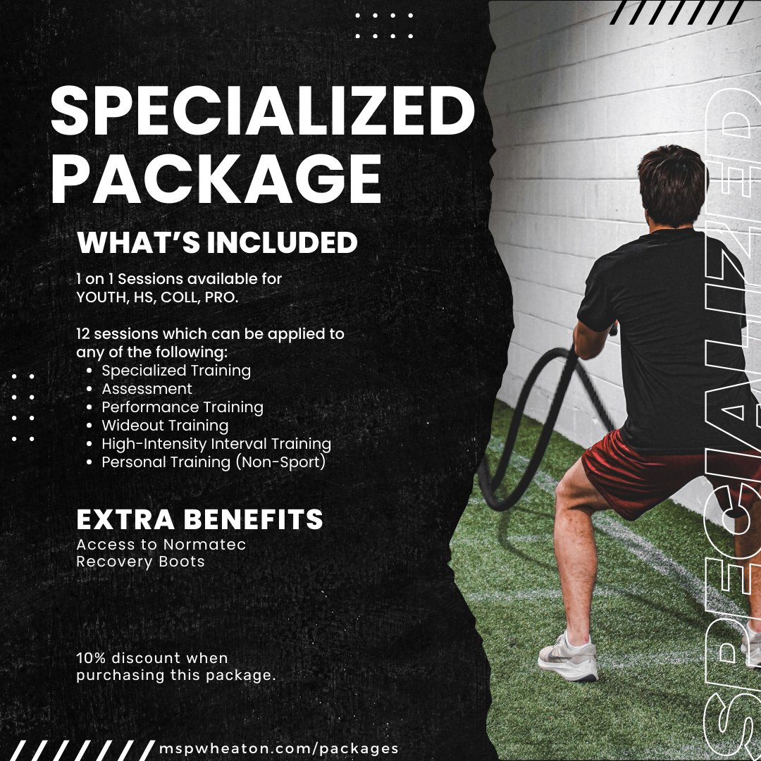 Calling all athletes! Dive into our 12-session tailored program, crafted just for YOU. Whether you're aiming to reach the top of your game or refining your skills, we've got the roadmap for your success! Head to Mspwheaton.com/packages for more info. #TrainingExcellence