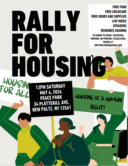 With housing increasingly an issue for American workers, there's no better time than May Day to have a Rally for Housing. Come join @NYSHumanRights, @UlsterNY Human Rights Commission & Unity Delivered on May 4th at 12 PM at the Peace Park in New Paltz!